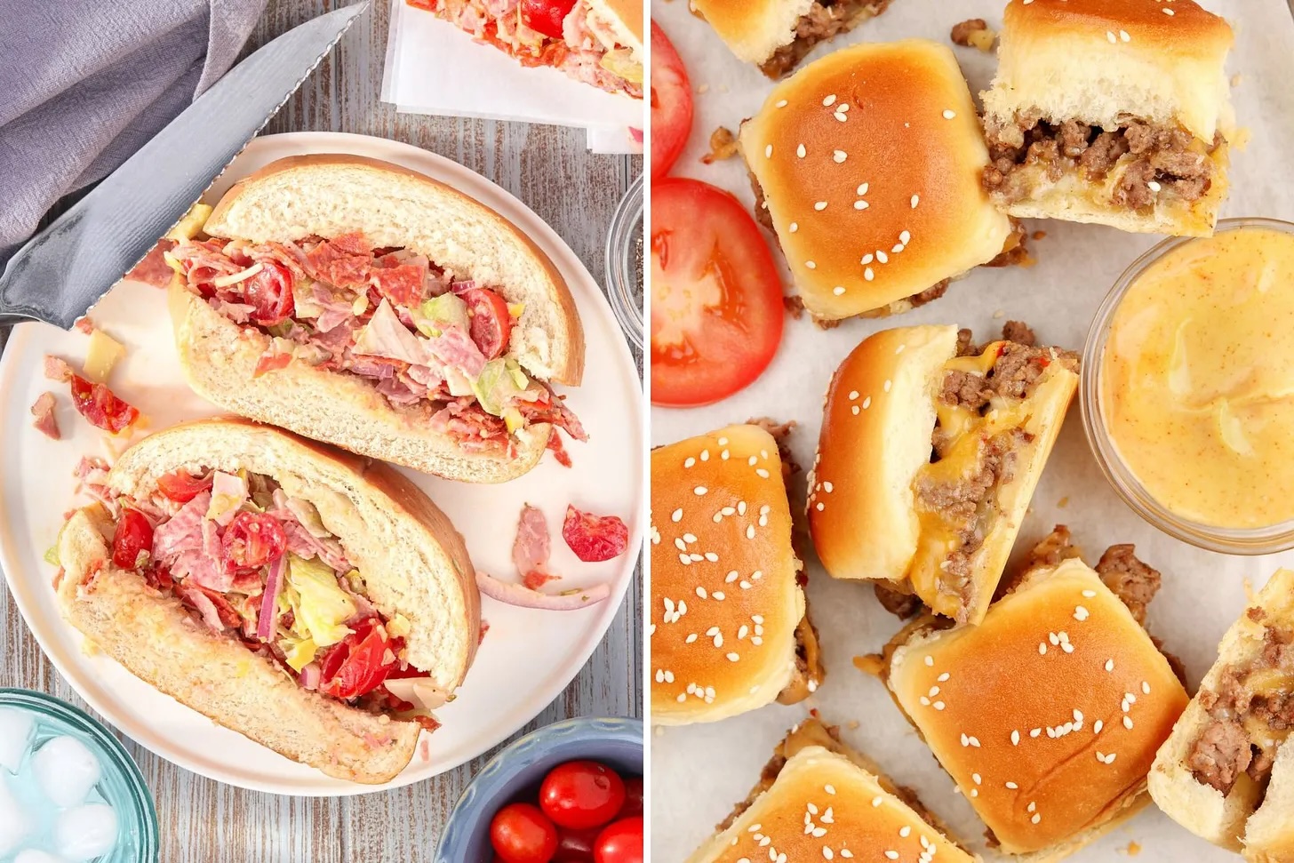 Chopped Italian sandwich and cheeseburger sliders served side by side.
