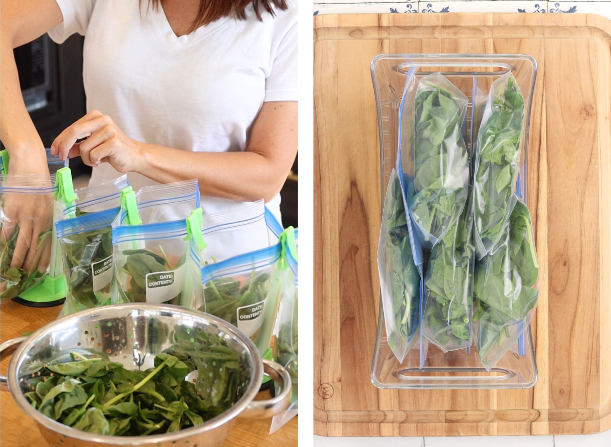 Woman portioning fresh spinach into freezer bags for smoothies, alongside a clear bin filled with prepared spinach bags.