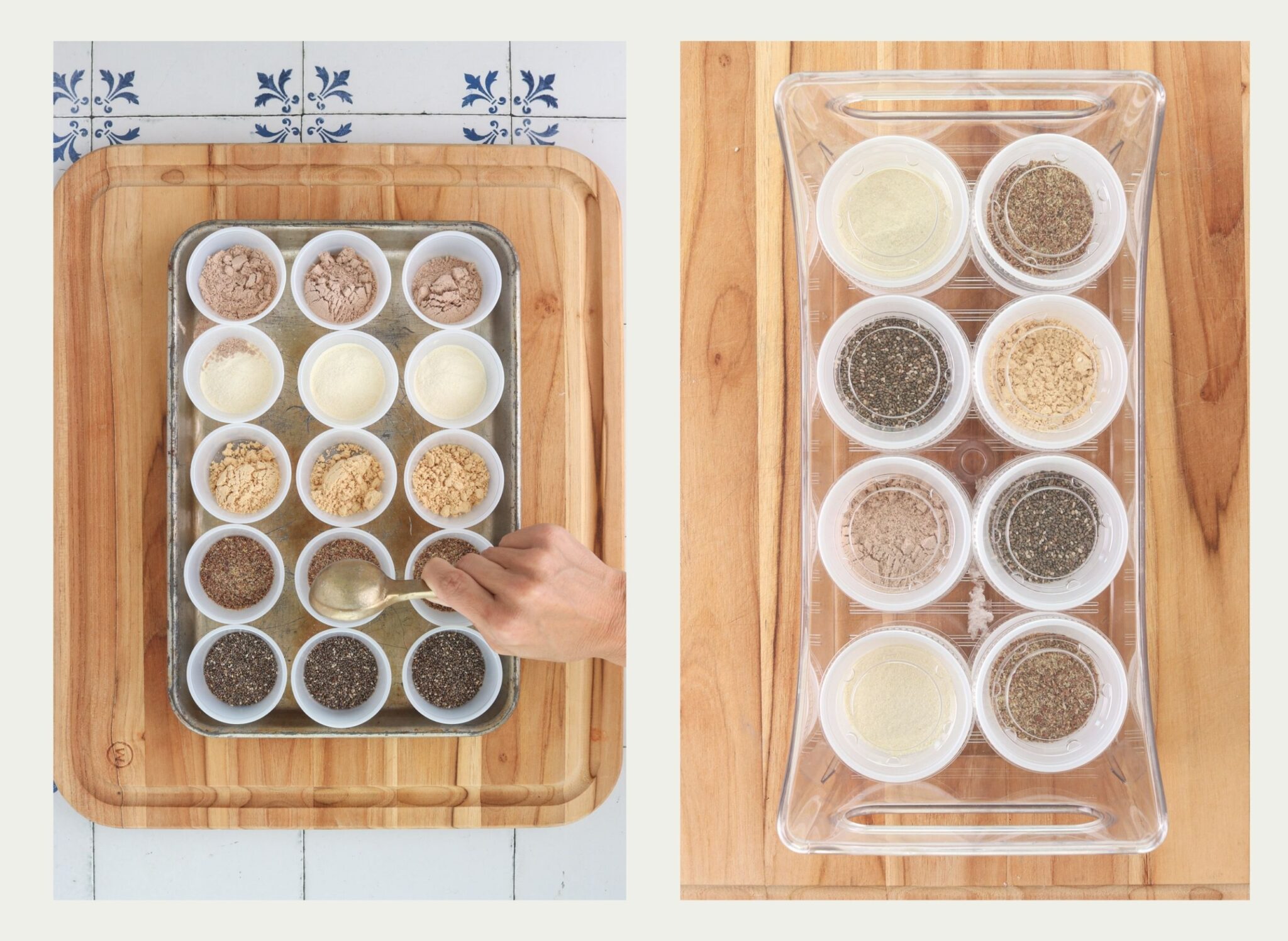Smoothie mix-ins portioned into individual cups, including protein powder, chia seeds and ground flaxseed, arranged in a clear storage bin.
