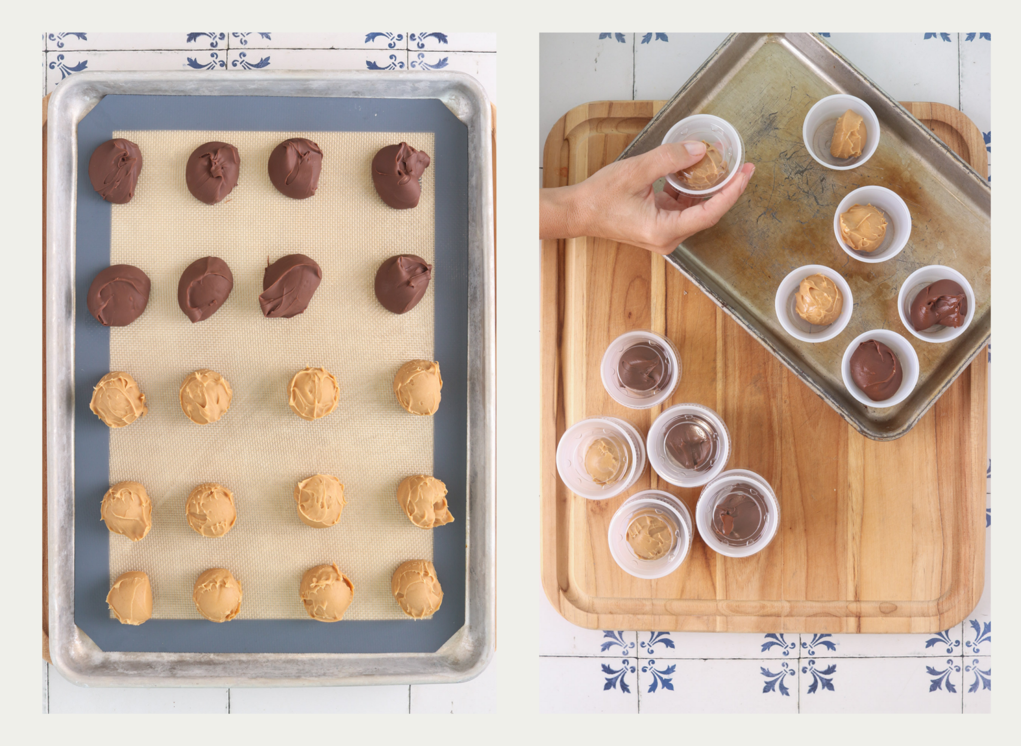 Peanut butter and Nutella portioned into individual smoothie servings, first frozen on a silicone-lined sheet pan and then transferred to small cups.