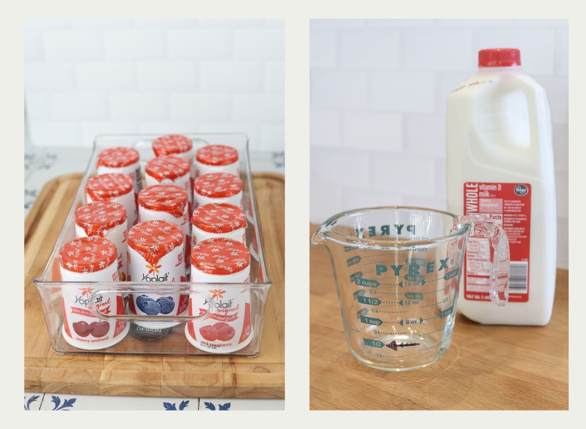 Individual yogurt cups in a clear fridge bin alongside milk and a marked measuring cup for making smoothies.