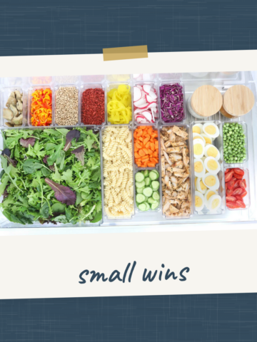 Polaroid-style graphic featuring an organized salad drawer filled with greens, vegetables, chicken, eggs, pasta, and toppings, with the words “Small Wins.