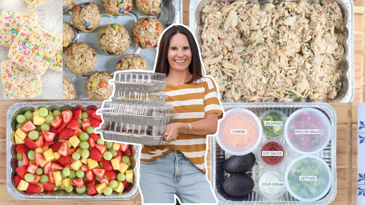 Dinner drop meal with slow cooker Mexican shredded chicken, taco toppings, fresh fruit, energy bites and Rice Krispie treats packed in foil pans.